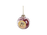 Clear round ornament with red ribbon inside and photo of dog