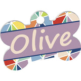 Bone-shaped dog tag with colorful design and name