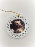 Round ornament with photo of dog and dog's name