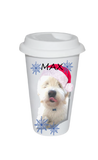 Ceramic coffee cup with lid and photo of dog