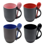 Black mugs with pink, red, blue, and black insides, respectively