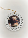 Round ornament with photo of dog and dog's name