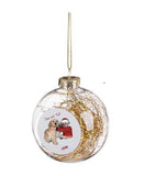 Clear round ornament with gold ribbon inside and photo of baby and dog