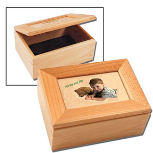Maple keepsake box with photo of child and dog with names