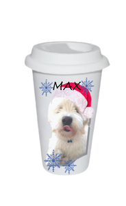 Ceramic coffee cup with lid and photo of dog