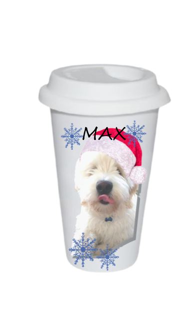 Ceramic coffee cup with lid and photo of dog