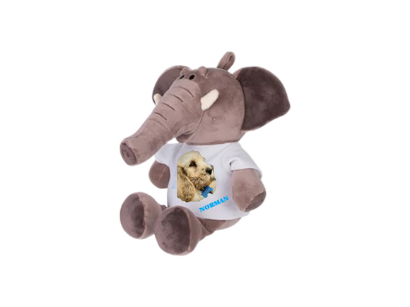 Stuffed elephant with t-shirt with photo of dog