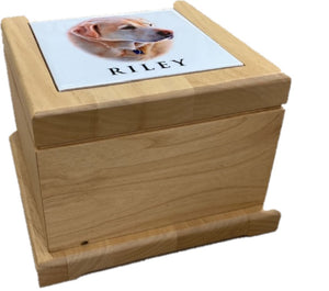 Wooden pet urn with ceramic tile plate
