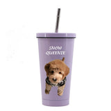 Purple tumbler with photo of dog and dog's name
