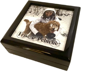 GLOSS BLACK WOODEN KEEPSAKE BOX with photo of lady and her dog