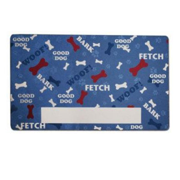 Blue dog-themed mat with dog-related words, pawprints, and bones