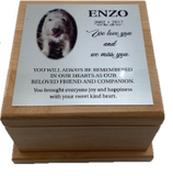 Wooden memorial urn with engraved plate and photo of dog