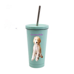Blue tumbler with photo of dog and dog's name