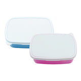 One pink and one blue lunchbox, both with white lids