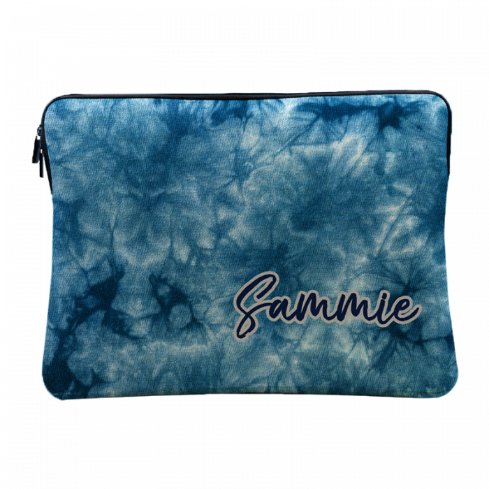 Blue tie dye laptop sleeve with name