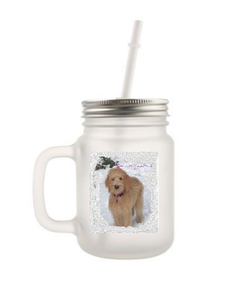 Frosted mason jar with photo of dog