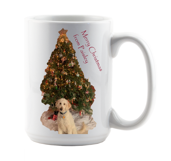 White mug with photo of dog and Christmas tree
