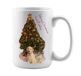 White mug with photo of dog and Christmas tree
