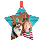 Star-shaped ornament with photo of dog and child